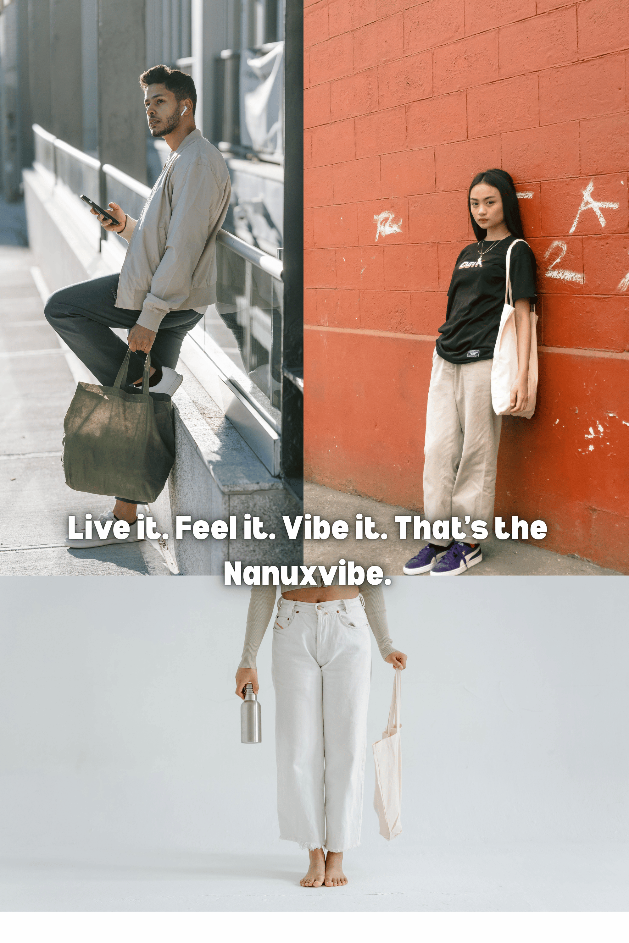 NanuxVibe eco-friendly brand lifestyle image showing sustainable living with the tagline Live it. Feel it. Vibe it. That's the Nanuxvibe