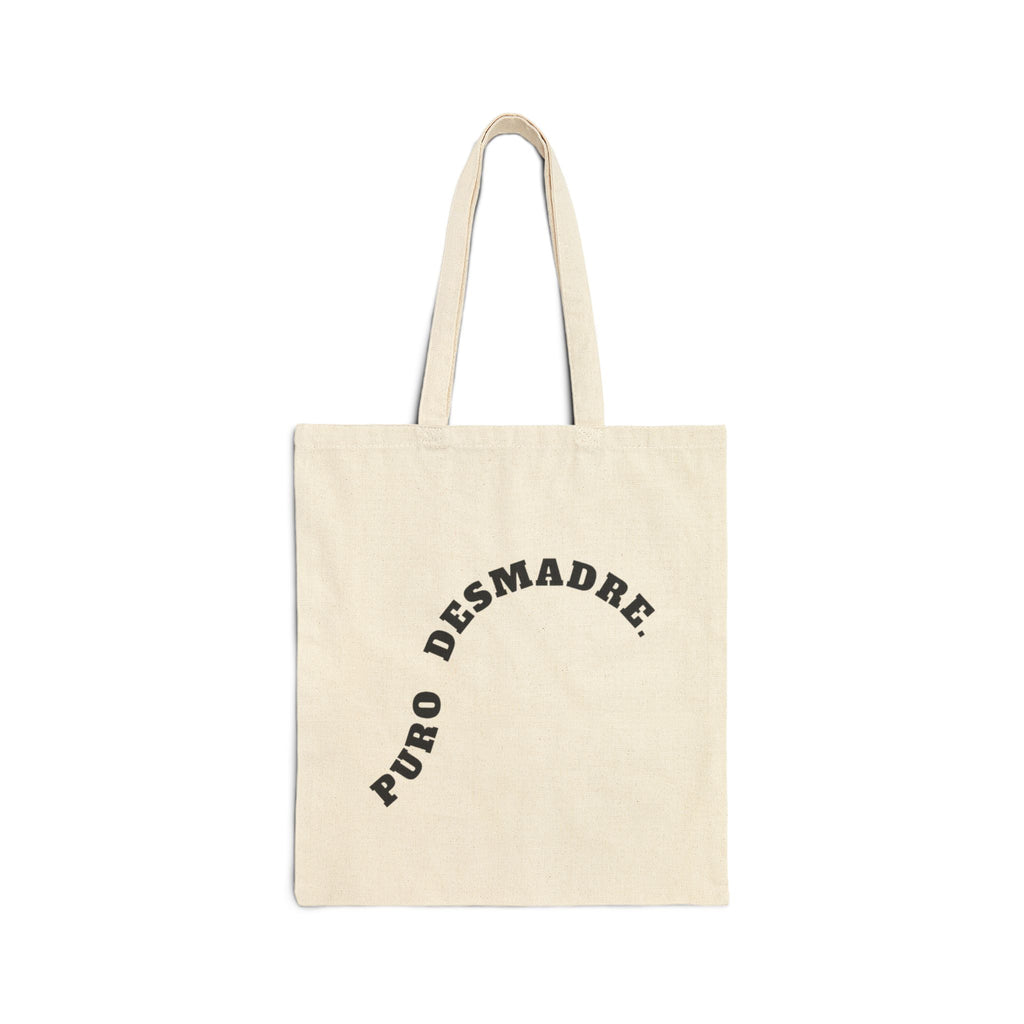 Beige tote bag with black text on a white background