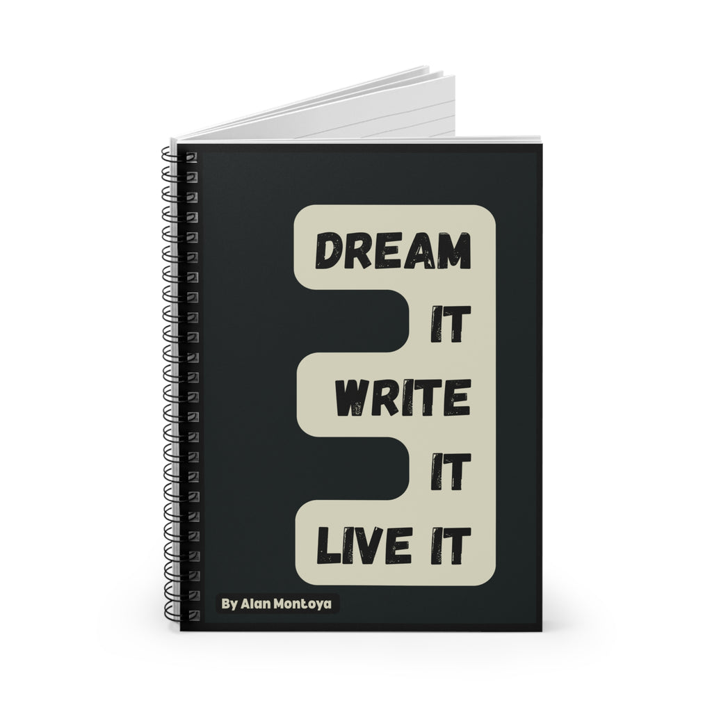 Notebook with 'Dream It, Write It, Live It' motivation quote 