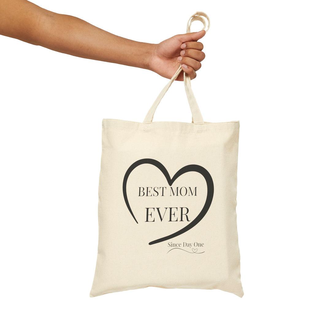 Woman carrying Best Mom Ever canvas tote bag – meaningful Mother's Day gift