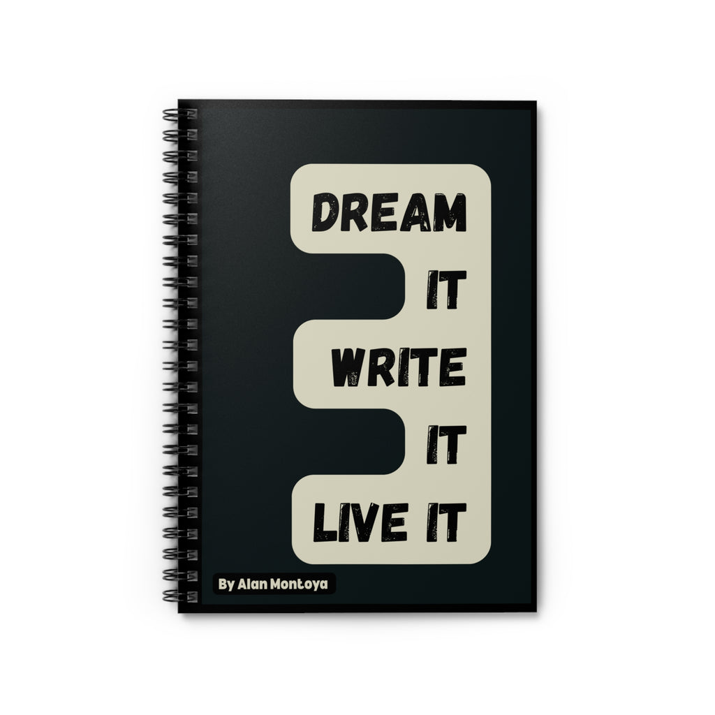 Front Black notebook with 'Dream It, Write It, Live It motivation quote