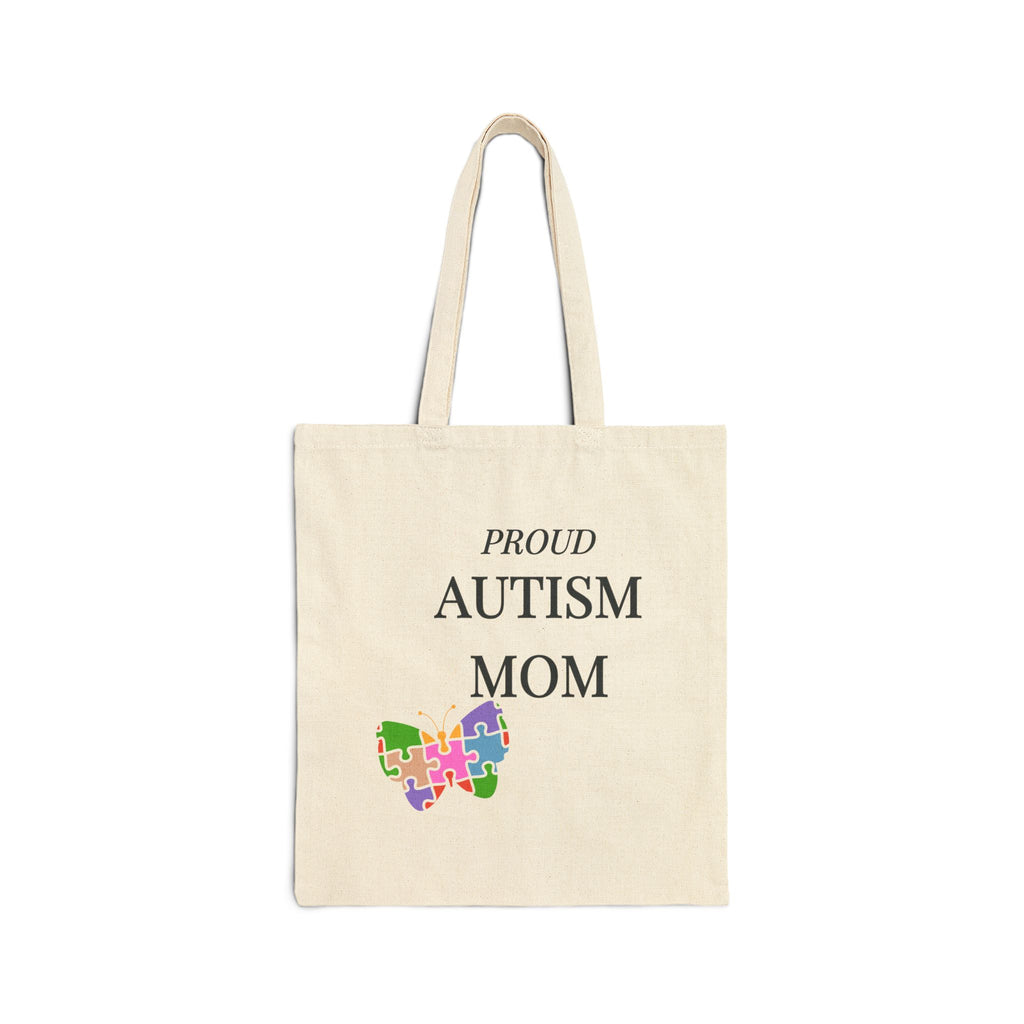 Autism Mom canvas tote bag with colorful puzzle heart design – awareness gift by NanuxVibe