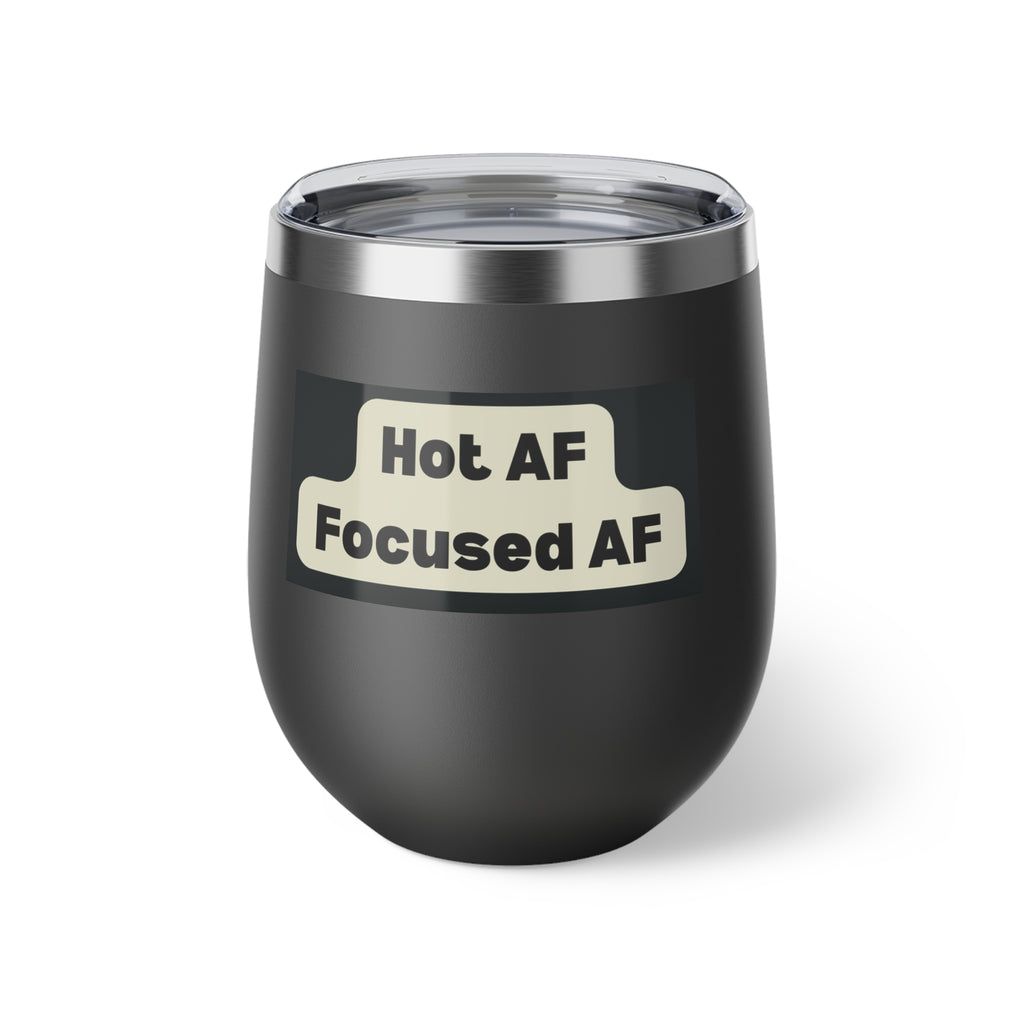 Black insulated tumbler with a humorous label 
