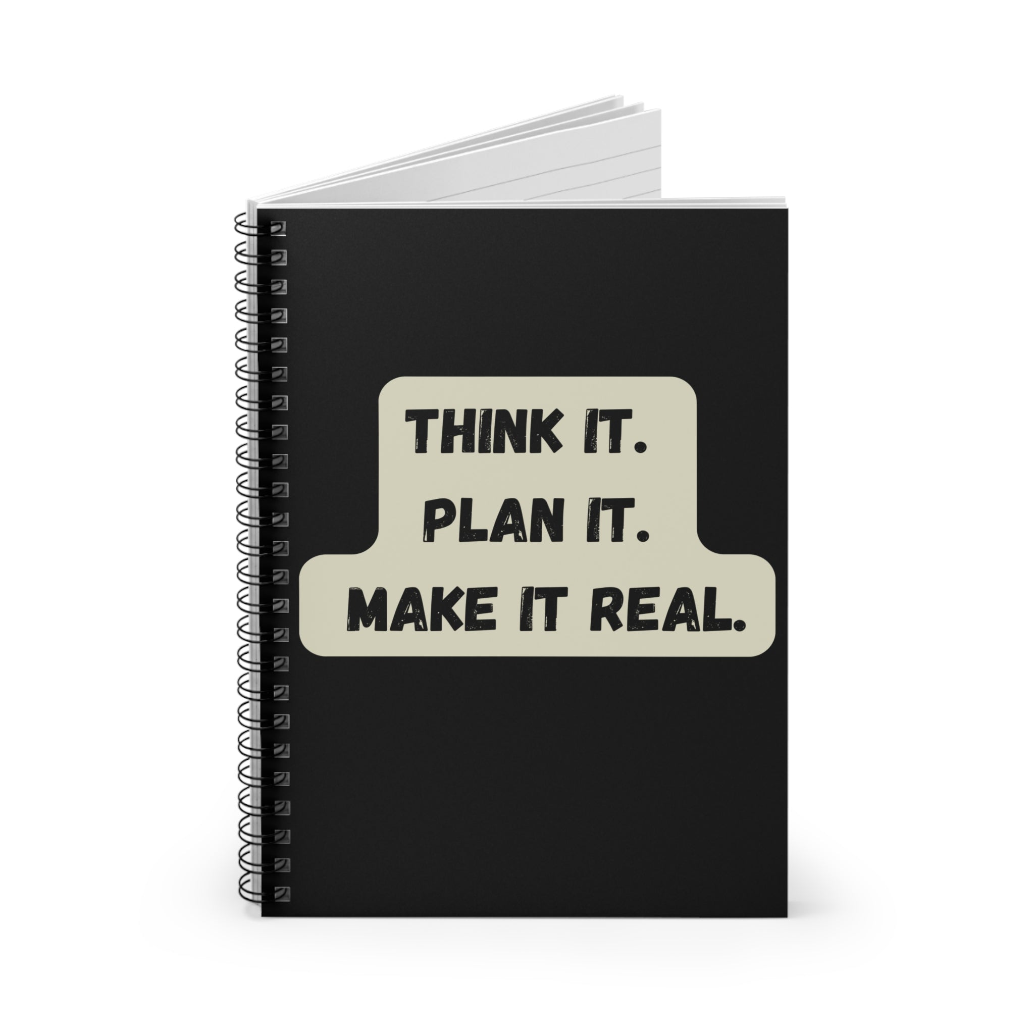 Think It Plan It Make it Real motivational quote on notebook cover 