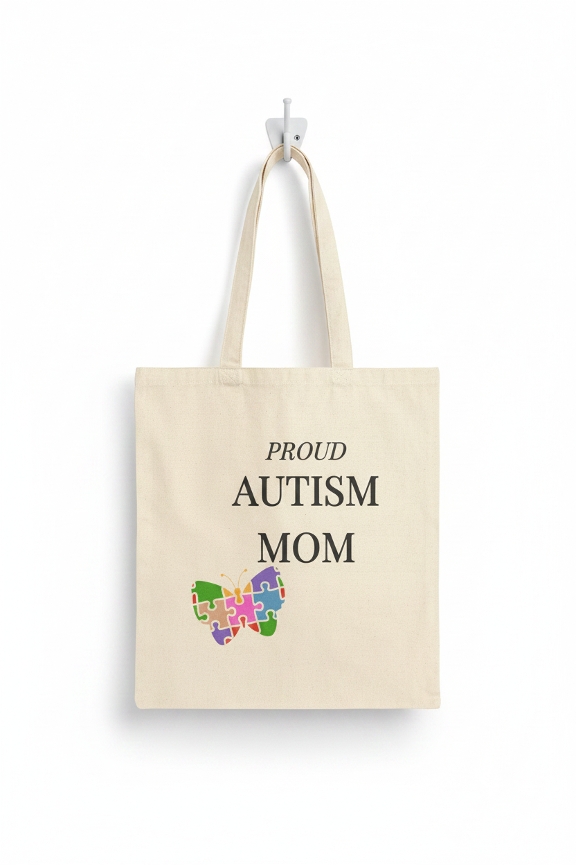 Wall hook hang → "Autism Mom Canvas Tote Bag – hanging on wall hook"