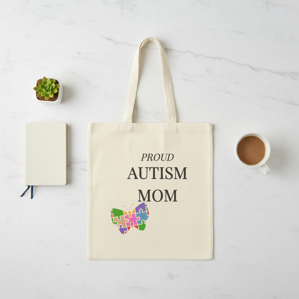 Flat lay on marble → "Autism Mom Canvas Tote Bag – flat lay on marble"