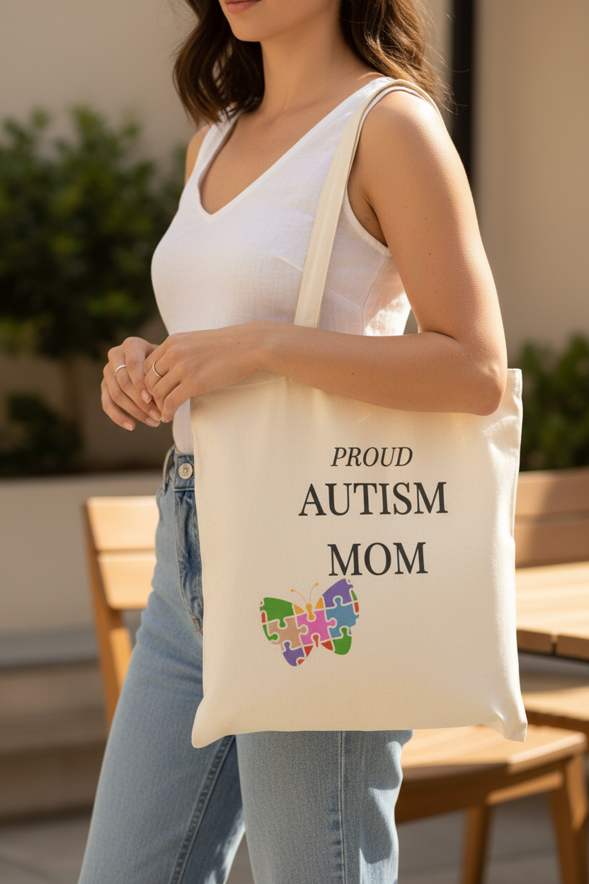 Flat lay on marble → "Autism Mom Canvas Tote Bag – flat lay on marble"