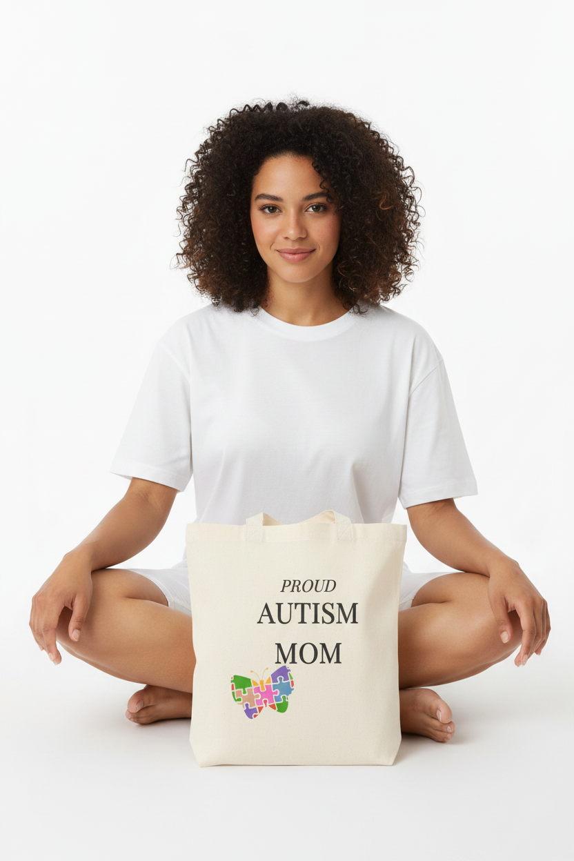 Lifestyle shot (model seated) → "Autism Mom Canvas Tote Bag – lifestyle shot model seated"