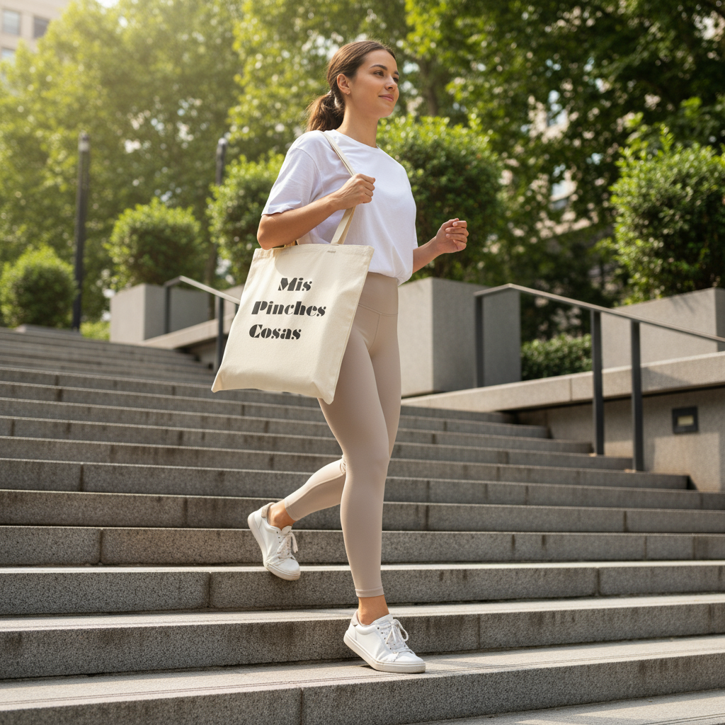 Model walking up stairs with bag