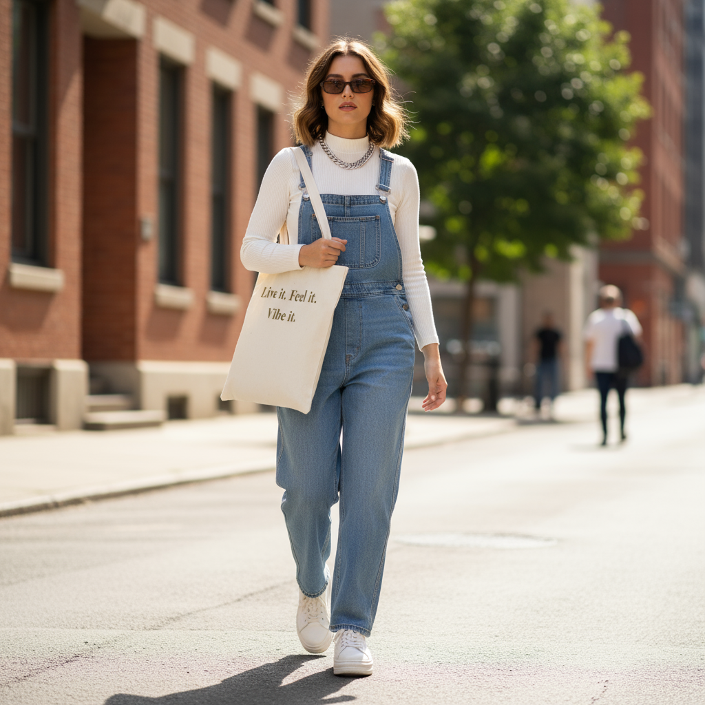 Woman in denim overalls walking on a street holding a tote bag.