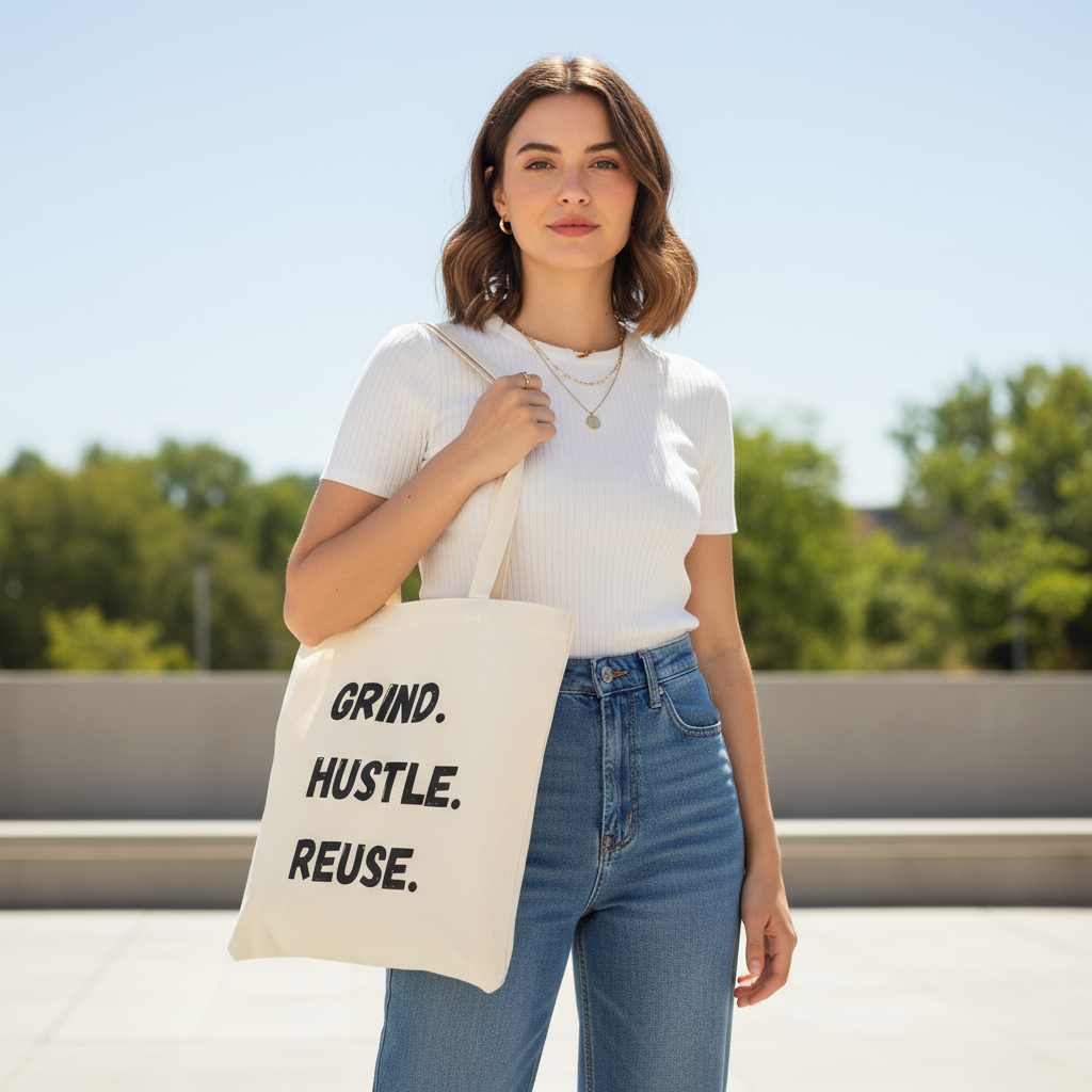 Woman holding a tote bag with motivational text outdoors