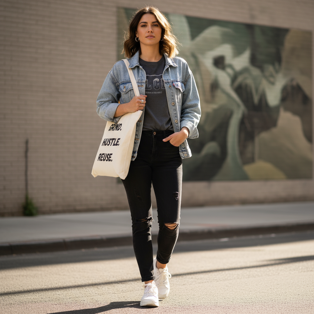 Woman walking on a street holding a tote bag with text, wearing a denim jacket and black pants.