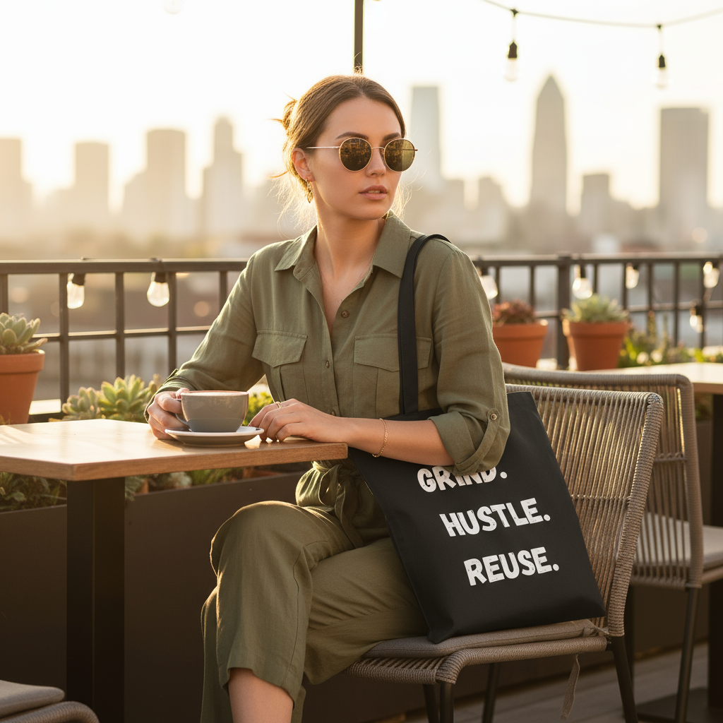 Woman sitting on a rooftop with a cityscape view, holding a cup and a tote bag with motivational grind hustle reuse
