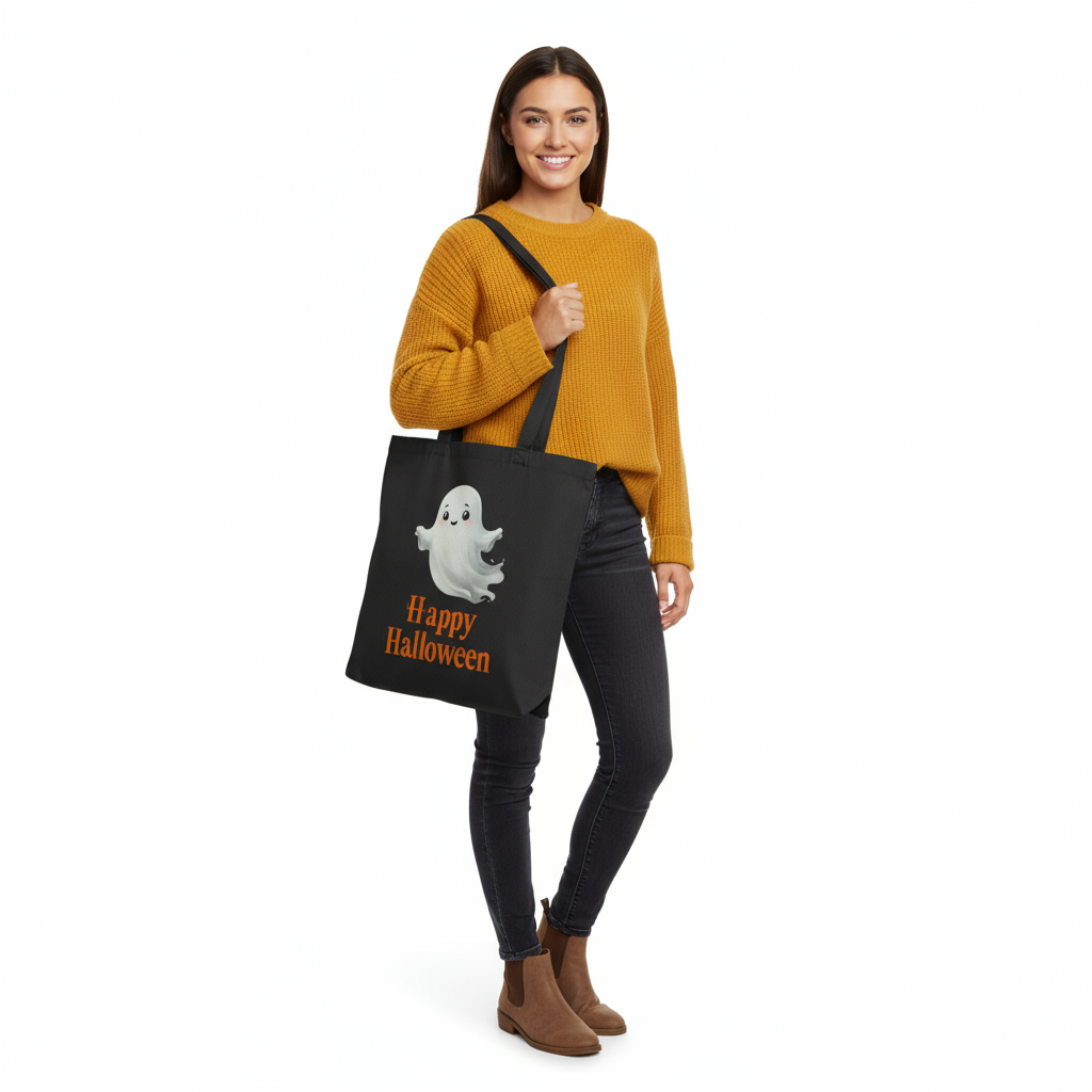 Person displaying Happy Halloween bag