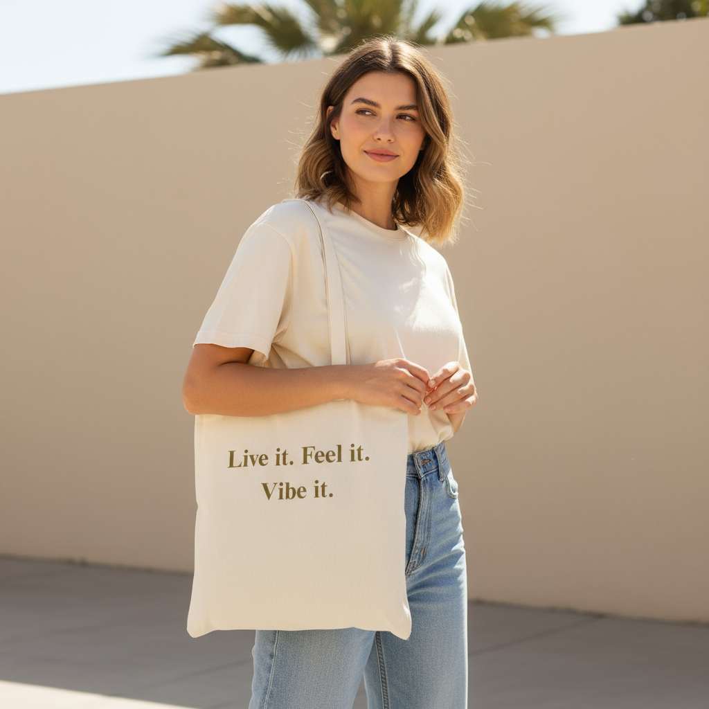 Woman holding a tote bag with 'Live it. Feel it. Vibe it.' text against a beige wall.