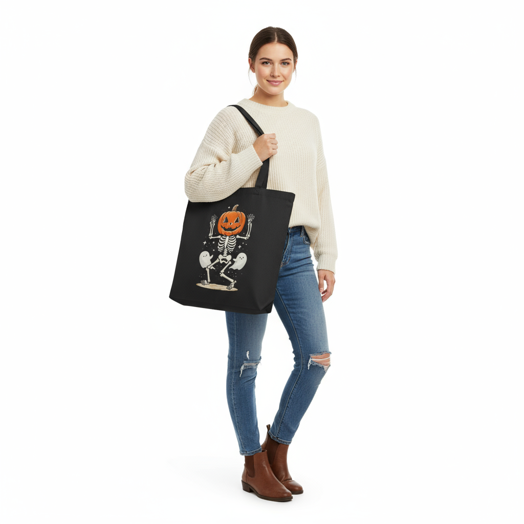 Woman standing with skeleton bag