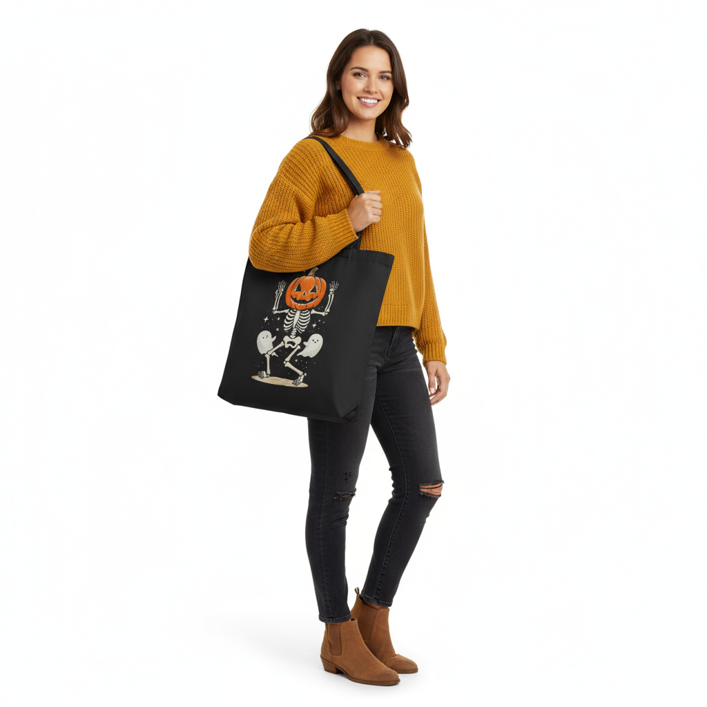Woman with skeleton bag over shoulder